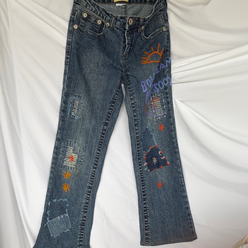Dark Blue Embroidered Kids Jeans with Sun & Patch Details